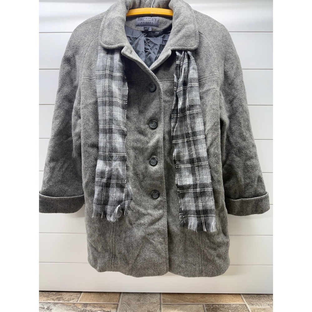 Bromley Collection Petite Grey Wool Blend Button Front Car Coat with Scarf 16P